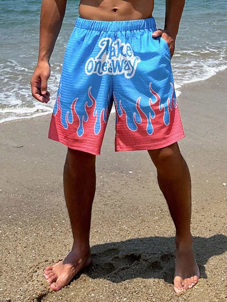 Men's Flame & Letter Print Basketball Shorts, Sports Style, Summer