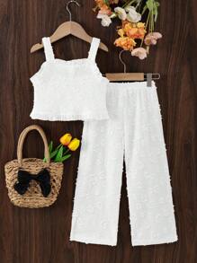 Elladie kids 2pcs/Set Girls Casual Yellow Camisole Top And Long Pants, Summer Outfit - White - View 4