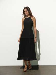 Lumivelle Women Solid Color Pleated Hem Halter Neck Dress - Black - View 1