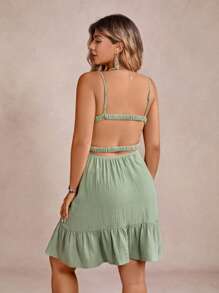 SHEIN VCAY Vestido de tirantes finos con retorcido de unicolor para mujer de talla grande para vacaciones - Verde - Ver 2