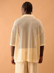 Musero Men Oversized Crochet Knit Button Through Short Sleeve Shirt Spring Summer Vacation Holiday Smart Festival Ibiza - Apricot - View 3