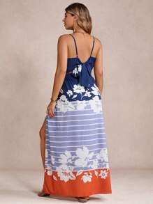 SHEIN VCAY Bộ 2 món áo in hoa đi nghỉ cỡ lớn và chân váy xẻ cao - Xanh và trắng - Xem 2