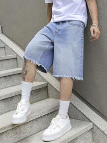 Manfinity EMRG 男士水洗做旧牛仔短裤 - 淺色水洗藍 - 查看 1