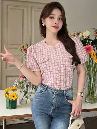 Dazy X KIMYOUJUNG Women Elegant Gingham Bubble Sleeve Shirt For Summer Plaid