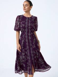 Aveloria Modichic Vestido de manga abullonada de estilo retro, cuello redondo, abotonadura sencilla, estampado de gasa - Morado - Ver 3