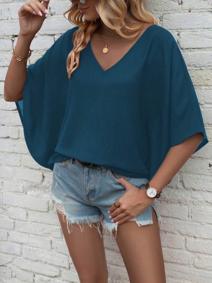 Blusa de manga corta con cuello en V y unicolor, de moda para el verano - Agua verde azul - Ver 1