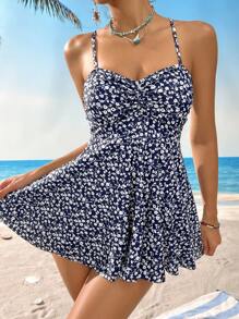 Swim Lushoire 女士碎花背心泳衣套装 - 藍白色 - 查看 3