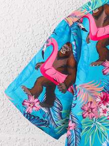 Leap Crew Áo sơ mi ngắn tay in họa tiết nhiệt đới cho bé trai tuổi mới lớn, không có áo phông, mùa hè - Hồng - Xem 3