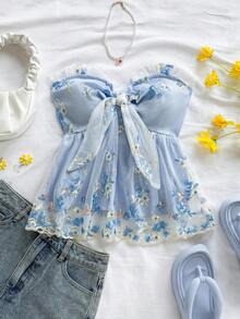 Soleia 女士度假风结饰花卉刺绣网眼吊带背心 - 彩色 - 查看 4