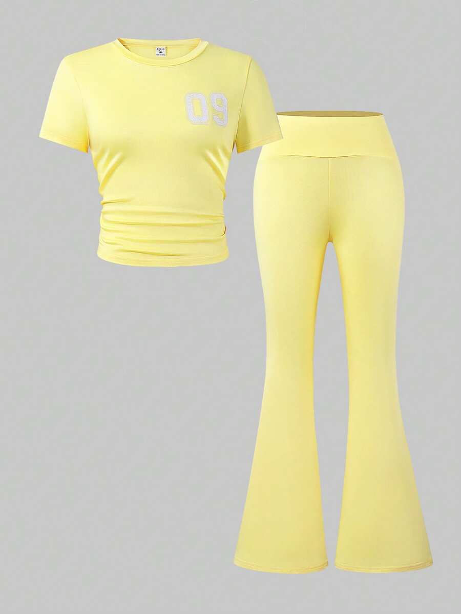 SHEIN Explorewe 2 件套青少年女孩休闲数字印花短袖上衣和喇叭裤套装 - 黃色 - 查看 1