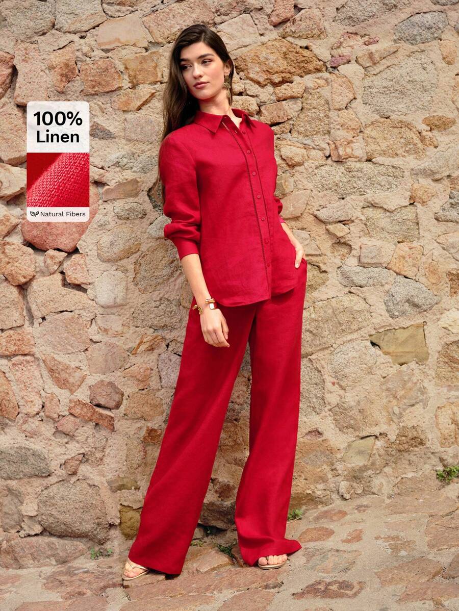 MOTF PREMIUM LINEN RED STRAIGHT-LEG PANTS - Red - View 1