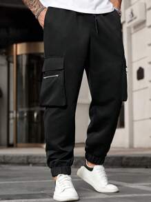 Manfinity Homme Calça cargo casual masculina plus size, cor sólida, com zíper e aba, bolso - Preto - Ver 4