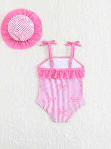 Newborn Girls Swimwear One-Piece Swimsuit For Newborn Girls Spaghetti Strap Bow Trim Swimsuit Knitted Polyester Digital Print Bow Pattern Swimsuit Plus Hat Cute Seaside Swimsuit For Newborn Girls