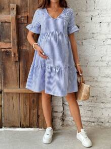 SHEIN Maternity Nursing Dress, Blue Striped Dress Women Short Dresses Summer Summer Dresses For Women Casual Maternity Dress Summer Blue White Vacation - Blue and White - View 5