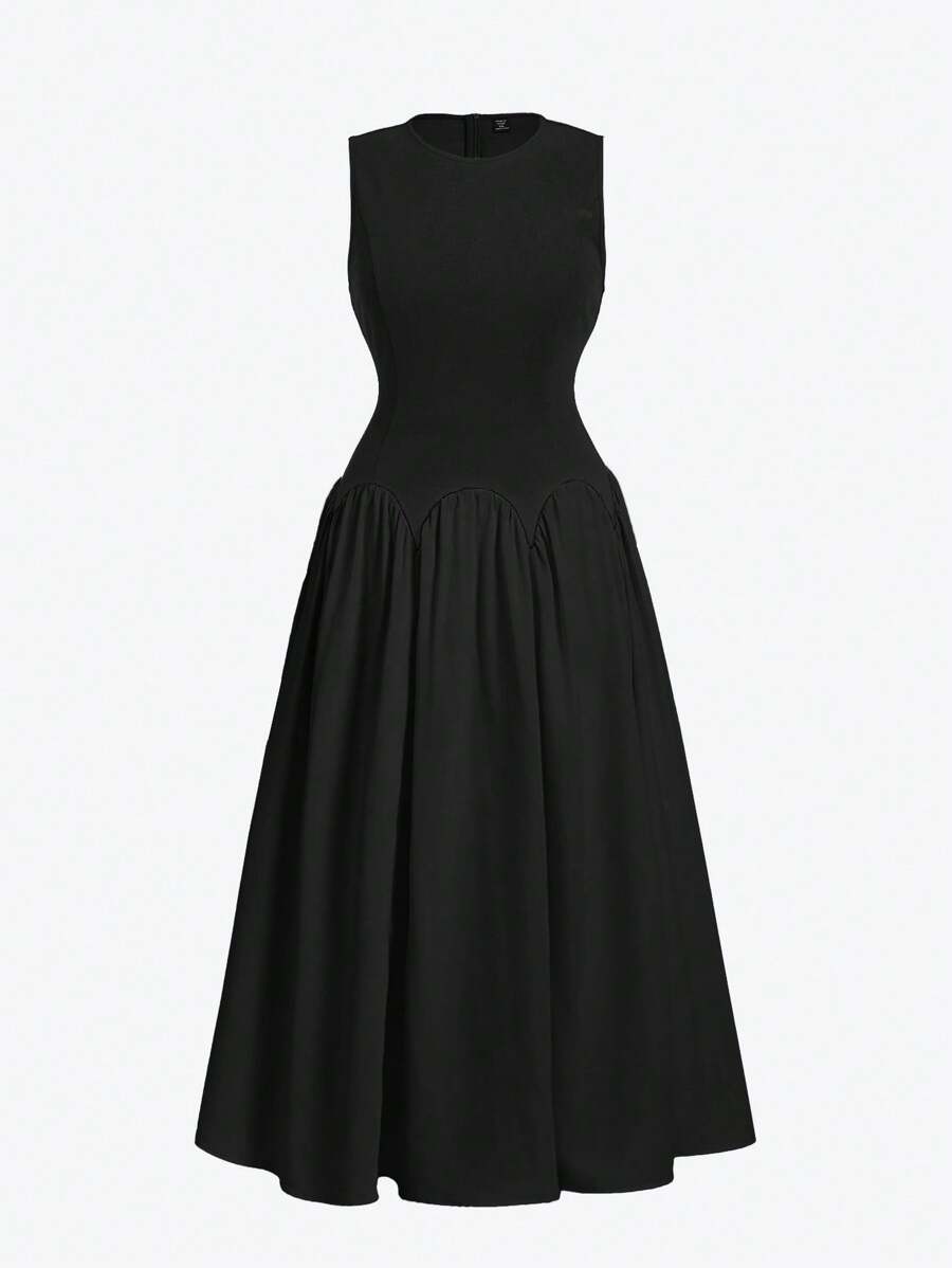 SHEIN MOD Vestido negro casual de mujer de talla grande con cuello redondo, sin mangas, de unicolor y parche, vestidos de cumpleaños para mujer - Negro - Ver 1