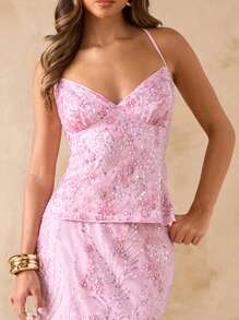 SHEIN BAE Solid Color Sequined Camisole Tank Top For Women, Backless Camisole, Floral Print Camisole, Backless Crop Top For Beach Vacation, Summer