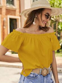 SHEIN VCAY Ladies' Solid Off Shoulder Shirt - Yellow - View 4