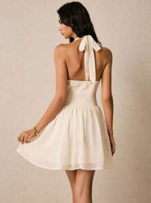 Poéselle Women's Solid Color Gathered Deep V-Neck Sexy Halter Mini Dress, Business Casual, Going Out - Apricot - View 3