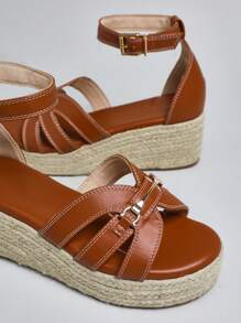 SHUZIA 女式踝带帆布坡跟鞋 - 棕色 - 查看 6