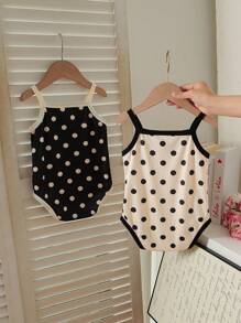 2pcs/Pack Baby Girls' Cute Polka Dot Strap Bodysuit, Spring/Summer