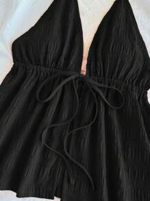 SHEIN PETITE CURVE Top casual in tessuto lavorato con scollo a V, fiocco, e retro aperto, color rosso