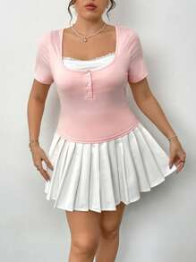 Flirla 大码女式两件套休闲红色二合一短袖上衣+白色百褶裙套装