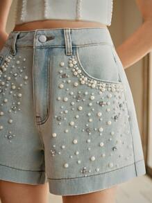 Anewsta Elegant Beaded Oversized Versatile Ladies' Denim Shorts - Blue - View 5
