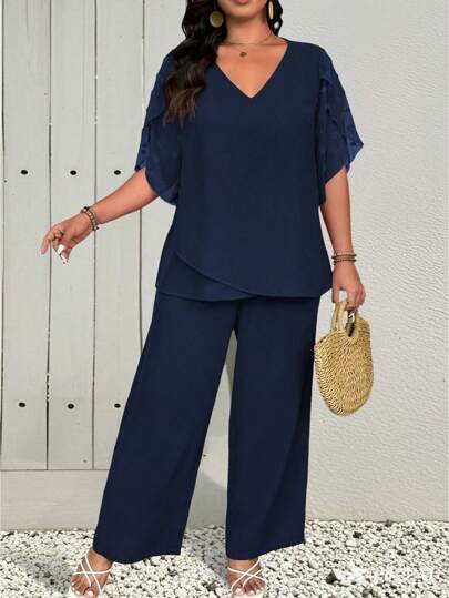 EMERY ROSE 2pcs/Set Plus Size Elegant Cut-Out Ruffle Sleeve Splice Loose Blouse & Straight Casual Pants, Resort Wear Women Summer Clothes Women Plus Clothing Formal Women Casual Sets Women Clothes