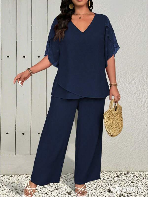 EMERY ROSE 2pcs/Set Plus Size Elegant Cut-Out Ruffle Sleeve Splice Loose Blouse & Straight Casual Pants, Resort Wear Women Summer Clothing Woman S Summer Clothes Women Plus Clothing Formal Women Casual Sets Women S Clothes