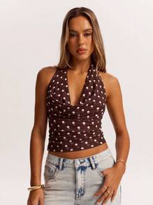 SHEIN BAE Minimalist Brown Mesh Comfortable Draped Neck Drape Front Tank Top, Suitable For Street, Commute, Casual, Date, Hangout With Friends, Italy Vacation, Versatile Occasions