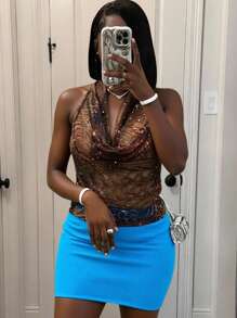Slaydiva Women's Y2k Summer Holiday Vacation Blue And Brown Polka Dot Zebra Leopard Print Mesh Deep V Draped Neck Backless Crop Top & Bodycon Mini Skirt Set - Blue - View 2