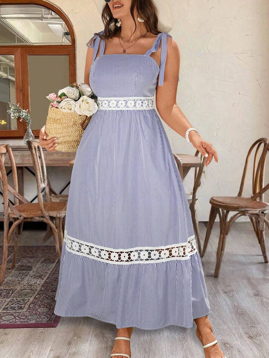 SHEIN Clasi 大码女式夏季休闲度假条纹荷叶边拼接方领系带连衣裙
