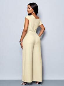 SOLERSUN 四季女装通勤优雅日间出游休闲简约杏色露肩不对称领口肩部褶皱短袖阔腿连体裤 - 杏色 - 查看 2