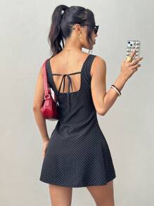 Flirla Women White Polka Dot V-Neck Backless Tied Dress, Bohemian Style, Casual And Sexy, Spring/Summer - Black - View 3