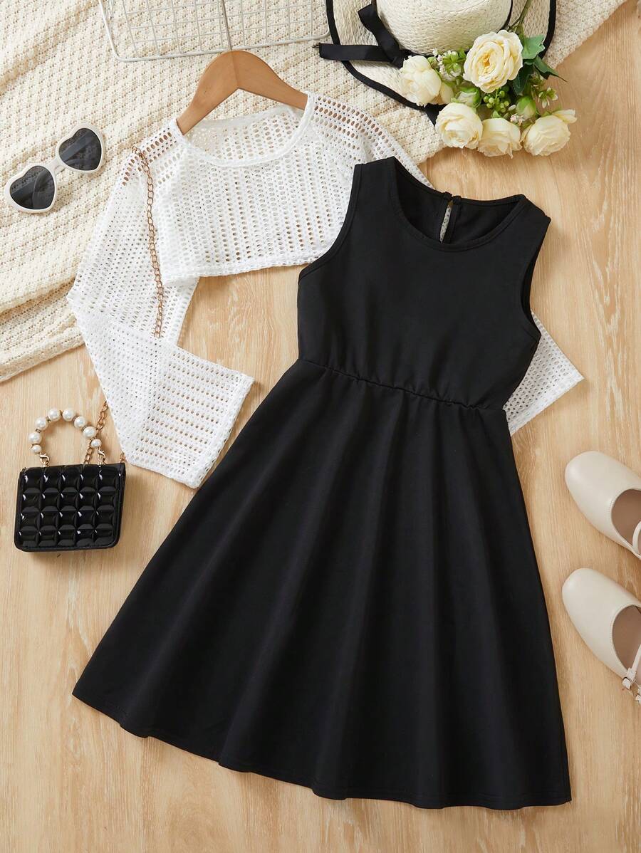 SHEIN 2 Bộ trang phục Xuân/Hè đồng màu dành cho các cô gái tuổi Tween - Áo crop top dài tay và váy không tay có đường viền cổ tròn - Đen và trắng - Xem 1