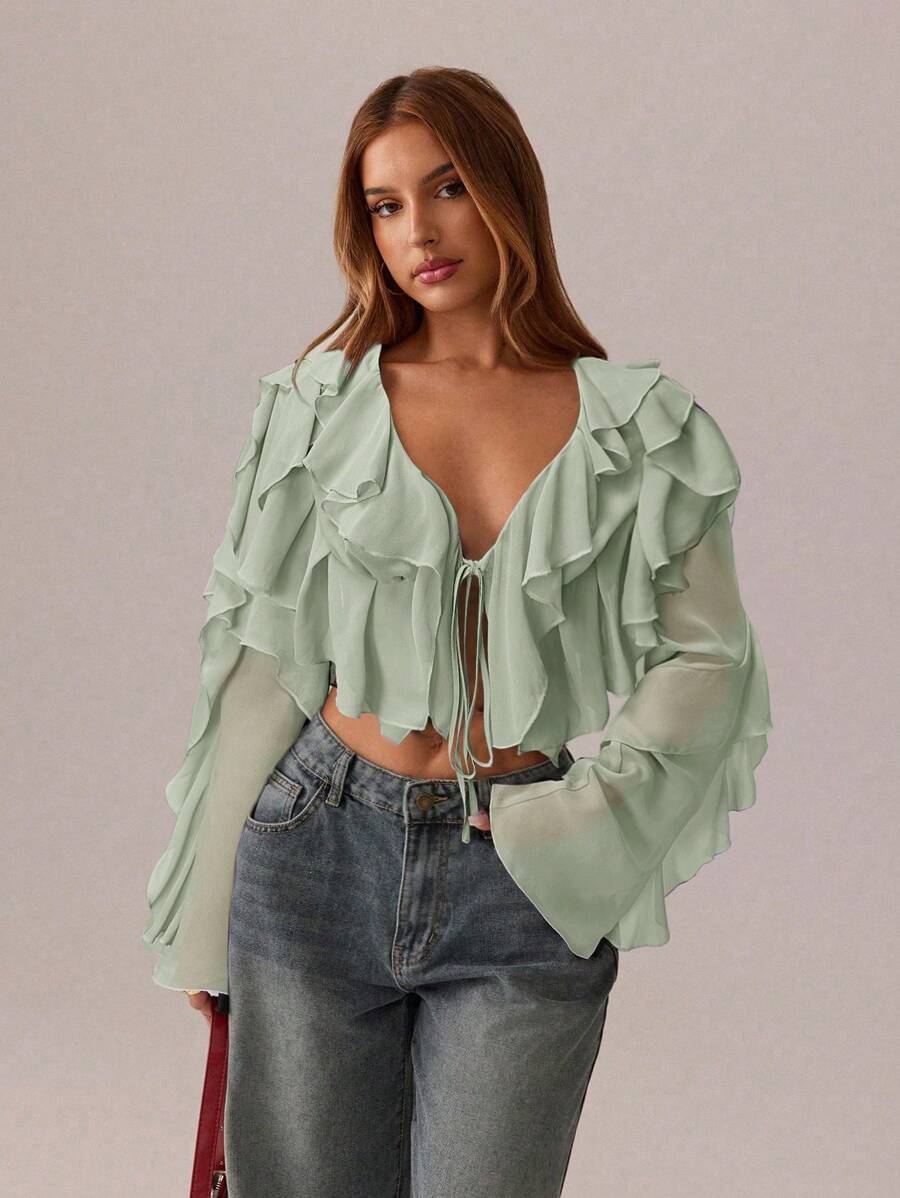 SHEIN SXY Tops blancos románticos; Ropa de mujer para primavera y verano; Tops cortos; Ropa de festival y fiesta; Camisa de mujer de manga larga, escote en V profundo, transparencia y tirantes con estampado de hoja de loto, sexy - verde menta - Ver 1