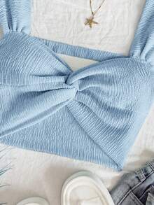 Soleia Áo croptop nữ màu xanh dương dệt kim ánh kim, kiểu dáng xoắn trước, khoét lưng, thích hợp cho kỳ nghỉ. - Màu xanh lam - Xem 7