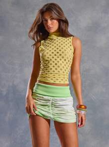 MUSERA 做旧破洞弹力立领修身无袖上衣，适合春季、夏季、伊比沙岛、Y2K、酷女孩、音乐节、锐舞派对、度假、夜店、可爱、假日等场合。 - 藍色 - 查看 1