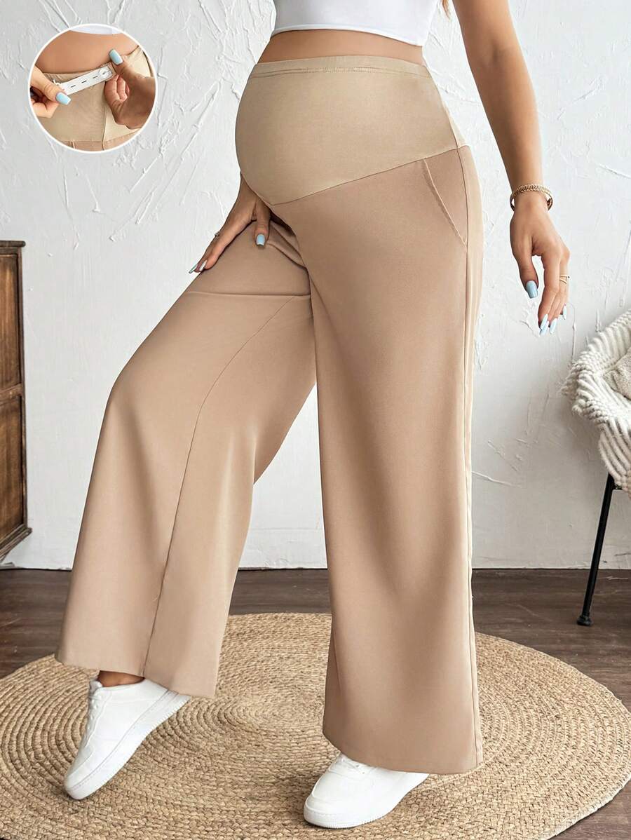 SHEIN Pantalones casuales de maternidad de unicolor, adecuados para el verano - Caqui - Ver 1