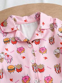 Baby Girl Cute Light Pink Summer Holiday Graphic Shorts Set,Cartoon Burger Fries Doughnut Print Short Sleeve Cardigan Soft Comfortable Home Outfit - Pink - View 5