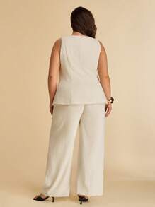 SHEIN BAE Conjunto de 2 piezas de talla grande para mujer, elegante para verano, con chaleco sin mangas de cuello de barco y pantalones de pierna ancha, atuendo de club sexy, atuendo de oficina para mujer, ropa de verano para mujer, ropa occidental para mujer, vacaciones, ropa del 4 de julio, atuendos del 4 de julio, atuendos de verano para mujer, graduación para mujer, ropa de talla grande para mujer - Albaricoque - Ver 6