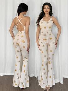 Women's Allover Printed Sexy Elastic Tight Unitard Jumpsuit Vacation, One-Piece Outfit - Beige - View 5