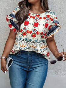 SHEIN Clasi Plus Size Floral Print Round Neck Summer Short Sleeve Frill Trim Casual Blouse - Apricot - View 3