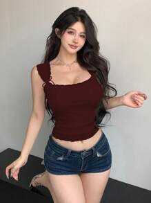 DAZY Lace Trim Lace-Up Fitted Sleeveless Tank Top For Women Valentine's Day - Burgundy - View 6