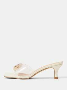 CUCCOO HITCHD Women's Flash Rhinestone Pearl Beaded Square Toe Low Kitten Heels Elegant Romantic White Transparent PVC Dress Shoes, Bridal Wedding High Heels Sandals, Chic For Formal Events, Parties And Weddings - Beige - View 10