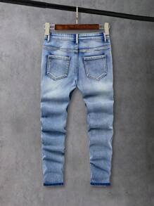 SHEIN Tween Jungen Distressed Vintage Ripped Washed Skinny Blue Boy Jeans mit schräger Tasche, für Frühlings- und Sommerkleidung für Jungen