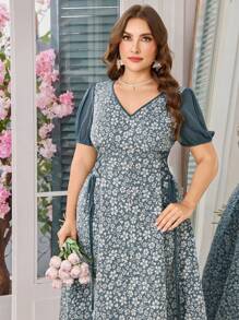 Modelyn Elegant Solid Color Jacquard Splice Chiffon Puff Sleeve A-Line Midi Dress, Plus Size, Spring/Summer - Dusty Blue - View 3