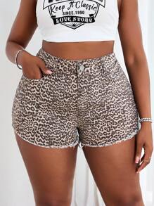 SHEIN SXY 女式大码时尚虎纹水洗牛仔短裤 - 彩色 - 查看 4