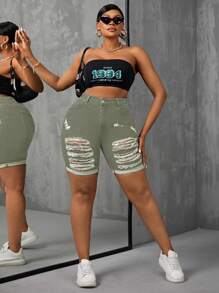 Slaydiva Plus Size Women Casual Street Style Elastic Ripped Denim Shorts, Autumn - Green - View 3