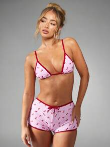 MISSGUIDED 樱桃图案两件套泳衣三角形上衣平角裤夏季海滩泳池泳衣可调节肩带复古风格家居服